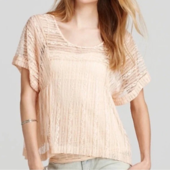 Free People Tops - Free People Sheer Lace Boho Blouse Peach Boxy Top Large Romantic Festival